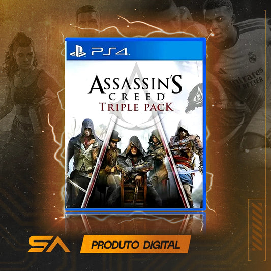 Capa oficial do jogo Assassin's Creed Triple Pack: Black Flag, Unity, Syndicate para PS4 em Mídia Digital