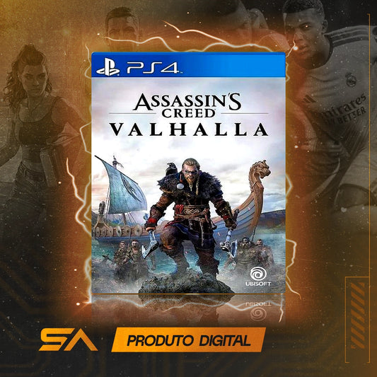 Capa oficial do jogo Assassin's Creed Valhalla para PS4 em Mídia Digital
