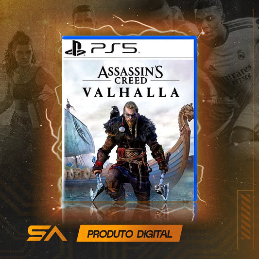 Capa oficial do jogo Assassin's Creed Valhalla para PS5 em Mídia Digital