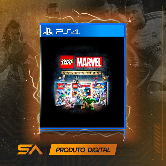 Capa oficial do jogo Coleção LEGO Marvel para PS4 em Mídia Digital