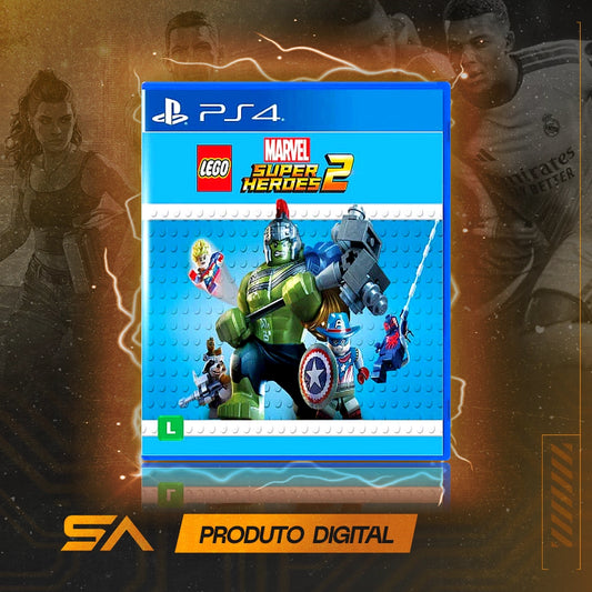 Capa oficial do jogo LEGO Marvel Super Heroes 2 para PS4 em Mídia Digital