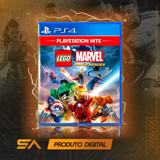 Capa oficial do jogo LEGO Marvel Super Heroes para PS4 em Mídia Digital
