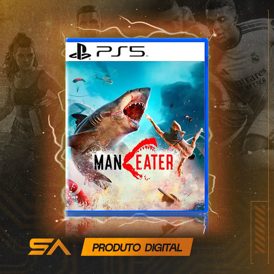 Capa oficial do jogo Maneater para PS5 em Mídia Digital