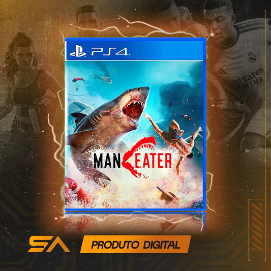 Capa oficial do jogo Maneater para PS4 em Mídia Digital