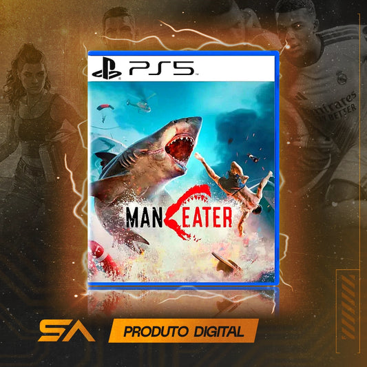 Capa oficial do jogo Maneater para PS5 em Mídia Digital