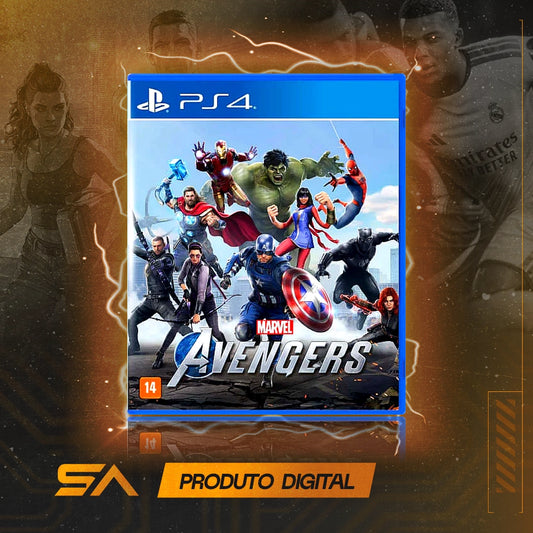Capa oficial do jogo Marvels Avengers para PS4 em Mídia Digital