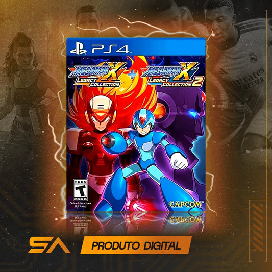 Capa oficial do jogo Mega Man X Legacy Collection 1 + 2 para PS4 em Mídia Digital