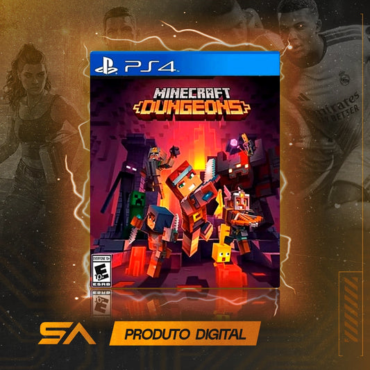 Capa oficial do jogo Minecraft Dungeons para PS4 em Mídia Digital