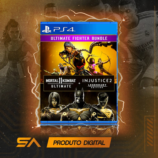 Capa oficial do jogo Pacote Mortal Kombat 11 Ultimate + Injustice 2 Ed. Lendaria para PS4 em Mídia Digital