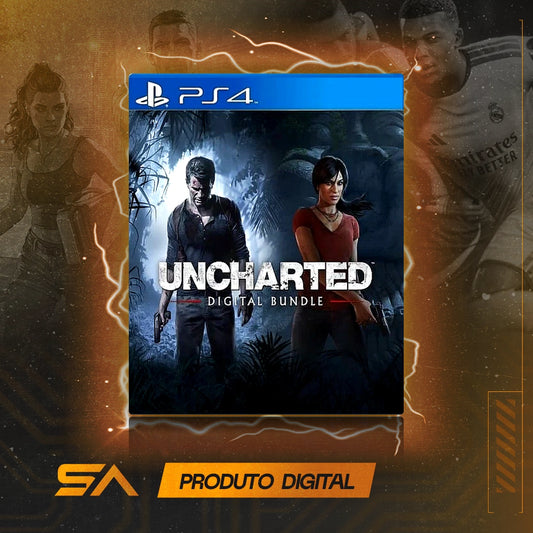 Capa oficial do jogo Pacote Uncharted 4 A Thief's End e Uncharted The Lost Legacy para PS4 em Mídia Digital