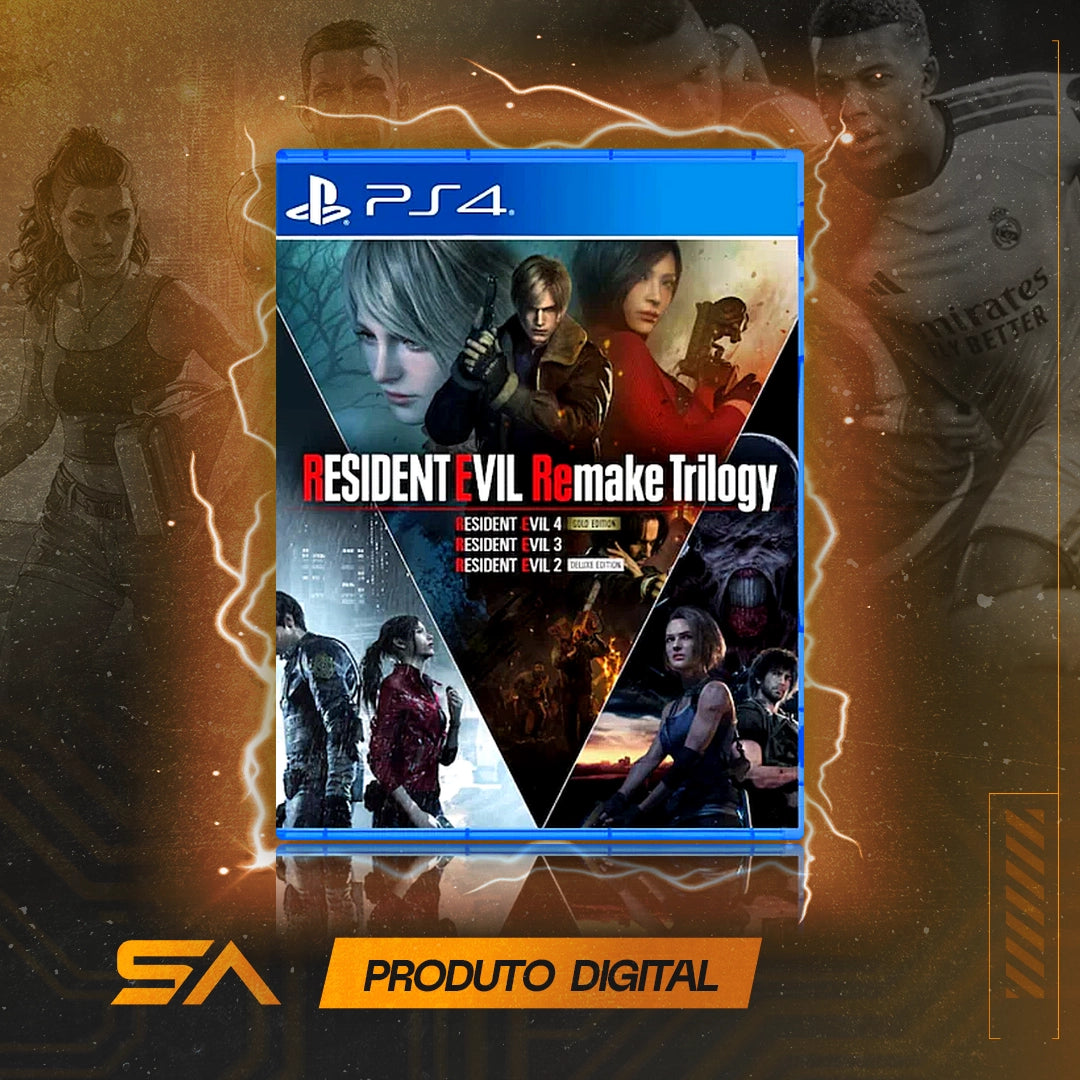 Capa oficial do jogo Resident Evil Remake Trilogy para PS4 em Mídia Digital