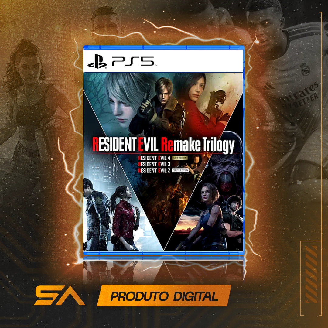 Capa oficial do jogo Resident Evil Remake Trilogy para PS5 em Mídia Digital