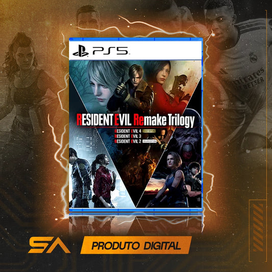 Capa oficial do jogo Resident Evil Remake Trilogy para PS5 em Mídia Digital