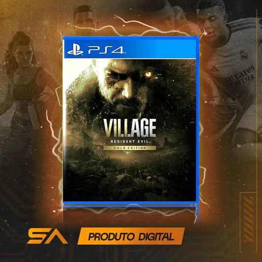 Capa oficial do jogo Resident Evil Village Gold Edition para PS4 em Mídia Digital
