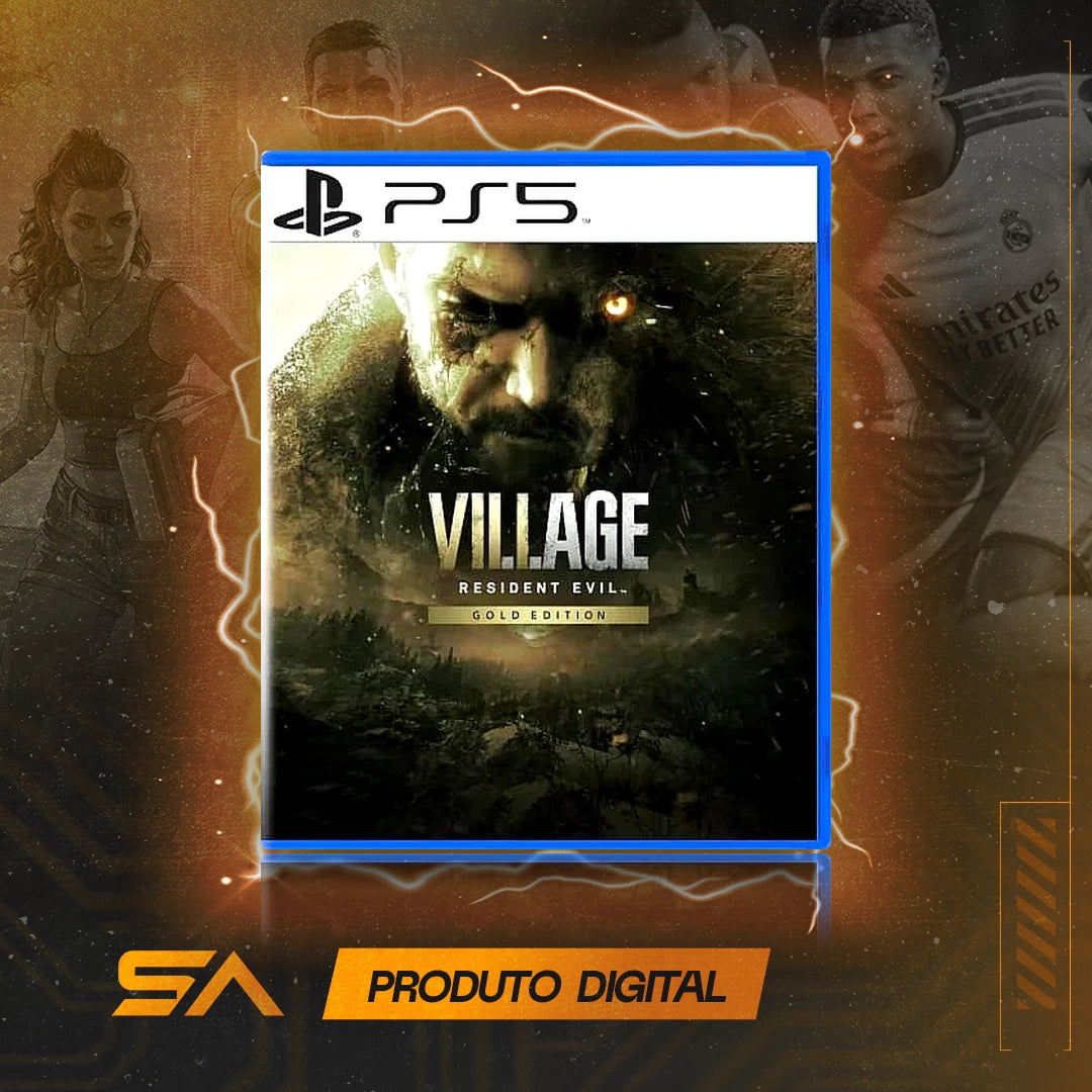Capa oficial do jogo Resident Evil Village Gold Edition para PS5 em Mídia Digital
