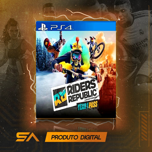 Capa oficial do jogo Riders Republic para PS4 em Mídia Digital