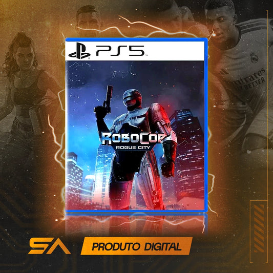 Capa oficial do jogo Robocop: Rogue City para PS5 em Mídia Digital