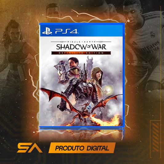 Capa oficial do jogo Terra Média Sombras da Guerra Edição Definitiva para PS4 em Mídia Digital