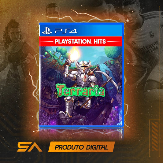Capa oficial do jogo Terraria para PS4 em Mídia Digital
