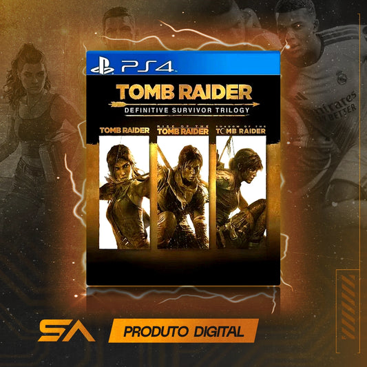 Capa oficial do jogo Tomb Raider Definitive Survivor Trilogy para PS4 em Mídia Digital