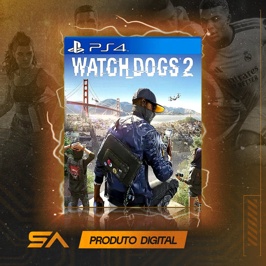 Capa oficial do jogo Watch Dogs 2 para PS4 em Mídia Digital